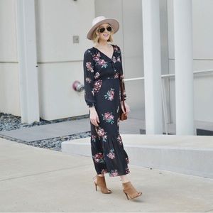 Ann Taylor Loft Floral Peasant Maxi Dress Size SP Ruffle Neck Cottage Core Gray